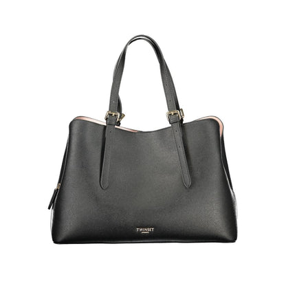 Tote Handbag by Twinset for women in polyurethane black & signature features a refined silhouette, showcasing a secure snap & zipper, organized built-in-compartments, and versatile adjustable-strap & handle for a refined finish.