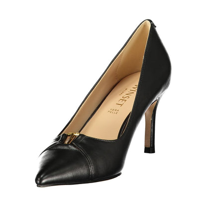 Mid-Heel High-Heel Pumps Heels by Twinset for women in leather and black showcases a effortlessly elegant silhouette as Women's Leather Mid-Heel High-Heel Pumps Heels, featuring a effortlessly elegant high-heel 5-cm-heel mid-heel and a effortlessly elegant for an elegant look.