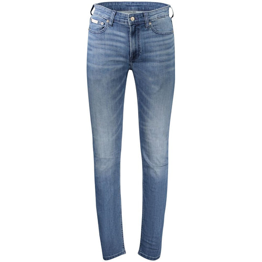 Jeans by Calvin Klein for men in stretch denim cotton blue presents a tailored silhouette, showcasing a tailored slim and long cut with a refined for a truly tailored aesthetic.