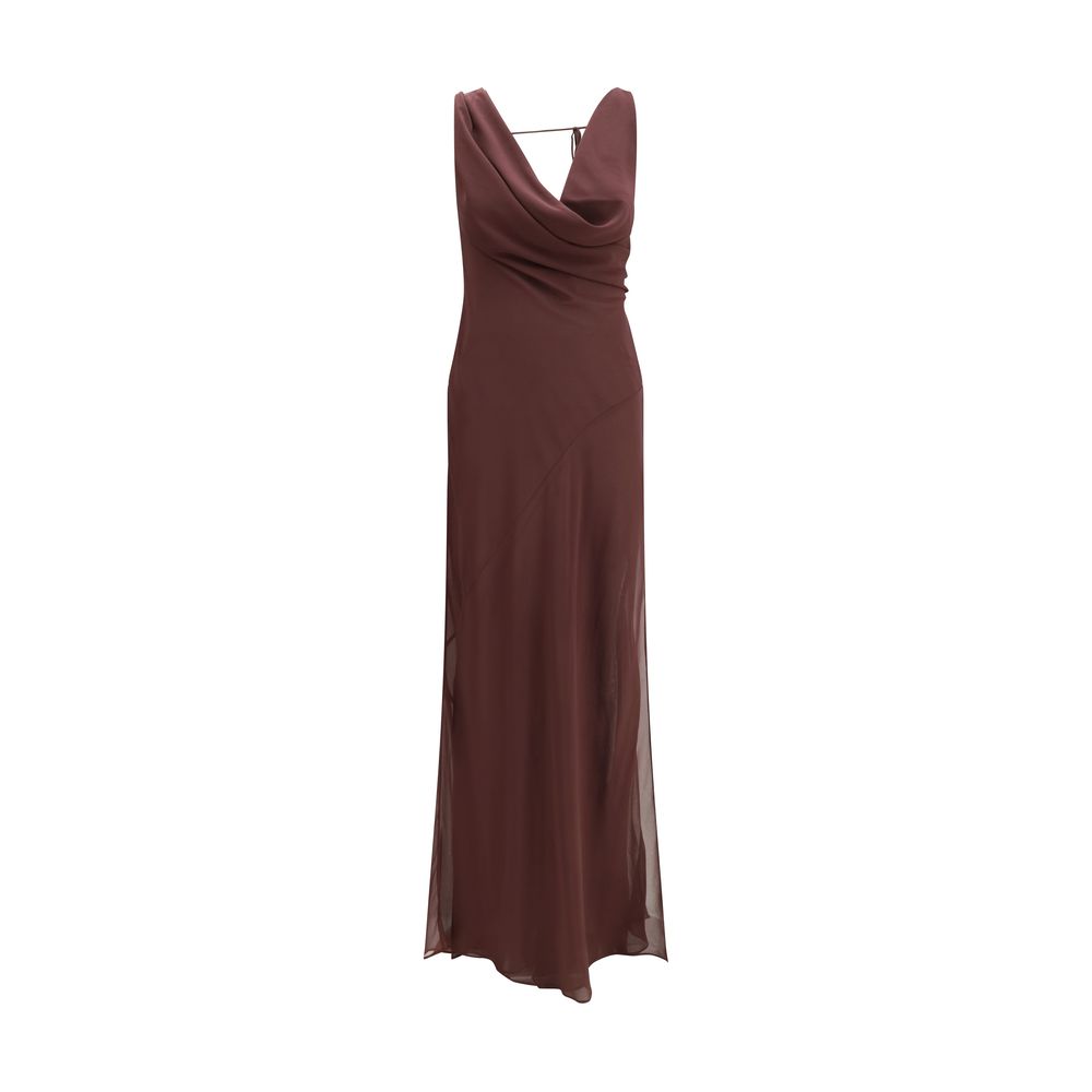 Hooded Dress by The Andamane for women in silk brown presents a sinuous silhouette, showcasing a sophisticated hooded neckline and sleeveless detailed with a sinuous long for a refined finish.