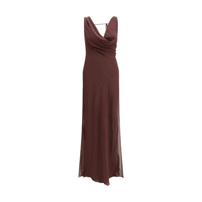 Hooded Dress by The Andamane for women in silk brown presents a sinuous silhouette, showcasing a sophisticated hooded neckline and sleeveless detailed with a sinuous long for a refined finish.