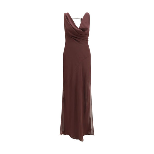 Hooded Dress by The Andamane for women in silk brown presents a sinuous silhouette, showcasing a sophisticated hooded neckline and sleeveless detailed with a sinuous long for a refined finish.