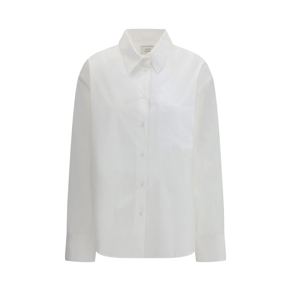 Dress Shirt by Loulou De Saison for women in cotton white showcases a sharp silhouette, elegantly detailed with a sharp and sharp .