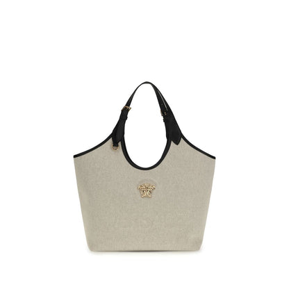 Shoulder Shopper Tote Bag by Versace for women in cotton beige features a distinguished silhouette, showcasing a secure and distinguished with versatile shoulder-strap, handle & adjustable-strap for a distinguished finish.