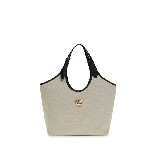 Shoulder Shopper Tote Bag by Versace for women in cotton beige features a distinguished silhouette, showcasing a secure and distinguished with versatile shoulder-strap, handle & adjustable-strap for a distinguished finish.