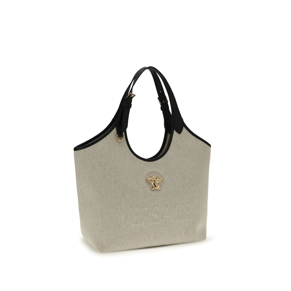 Shoulder Shopper Tote Bag by Versace for women in cotton beige features an effortlessly chic silhouette with a secure , ample , and versatile shoulder-strap, handle & adjustable-strap for effortlessly chic everyday luxury.