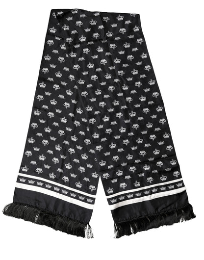 Dolce & Gabbana Black Silk Crown Fringe Neck Wrap 173cm x 32.5cm Scarf