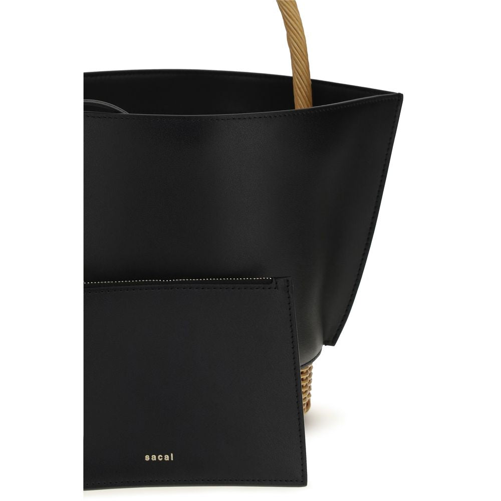 Shoulder Baguette Bag by Sacai for women in raffia rattan & nappa bos taurus calf leather black, gold & natural features a effortless chic silhouette with a secure , ample , and versatile shoulder-strap & handle for a effortless chic finish.