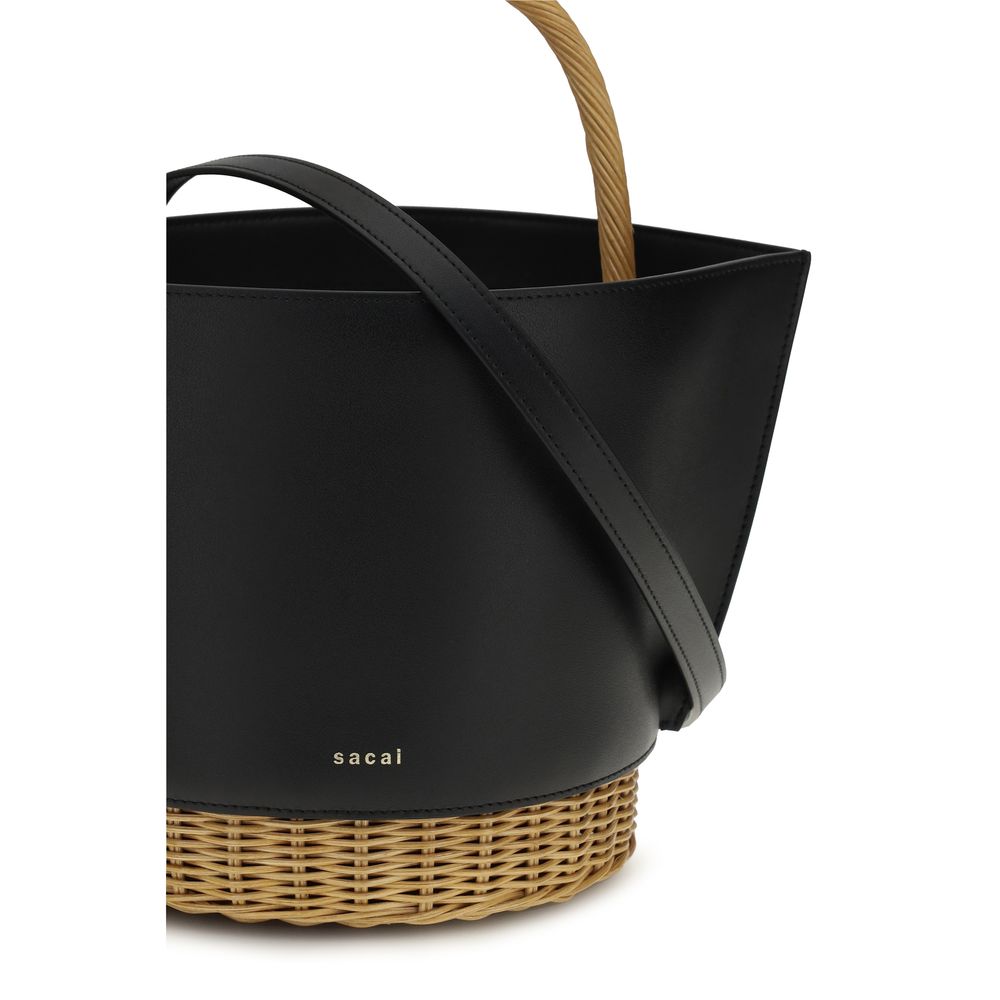 Shoulder Baguette Bag by Sacai for women in raffia rattan & nappa bos taurus calf leather black, gold & natural features an effortlessly chic silhouette with a secure , ample , and versatile shoulder-strap & handle for effortlessly chic everyday luxury.