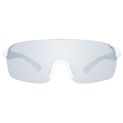 Sunglasses by Fila for men in and white presents a sumptuous silhouette, featuring white coloured frame and rimless mono-lens frame design with category-3-dark-tint lens for a sumptuous look.