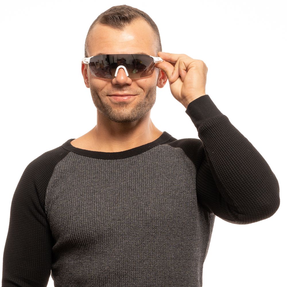 Sunglasses by Fila for men in white features a sumptuous silhouette, showcasing a sumptuous rimless mono-lens frame design in white coloured frame with high-performance category-3-dark-tint lens.