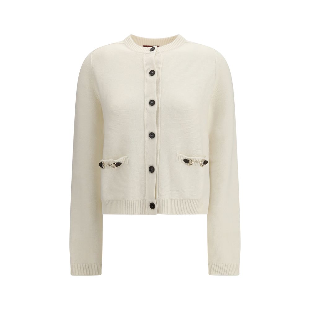 Cardigan by Gucci for women in cashmere wool & capra leather beige features a nuanced silhouette with a refined crew neckline and nuanced detailing for a sophisticated look.
