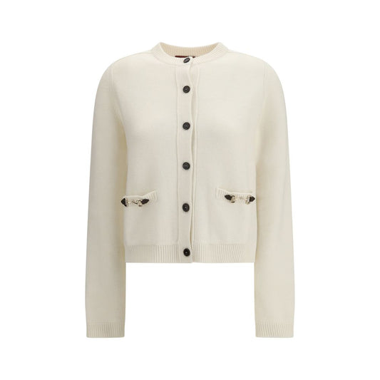 Cardigan by Gucci for women in cashmere wool & capra leather beige features a nuanced silhouette with a refined crew neckline and nuanced detailing for a sophisticated look.