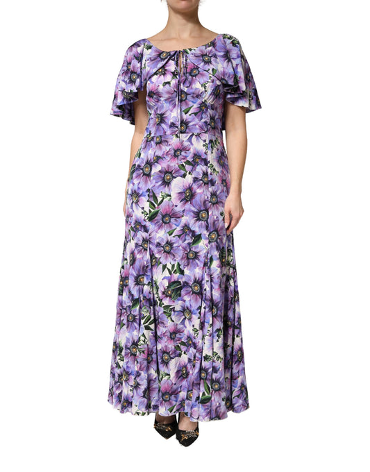 Dolce & Gabbana Women's Gown Cocktail Silk Maxi Midi Short Long Dress - Multicolor Purple Patterned Floral Print