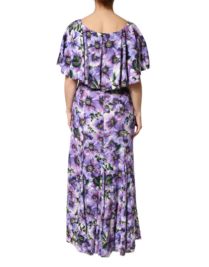 Dolce & Gabbana Women's Gown Cocktail Silk Maxi Midi Short Long Dress - Multicolor Purple Patterned Floral Print