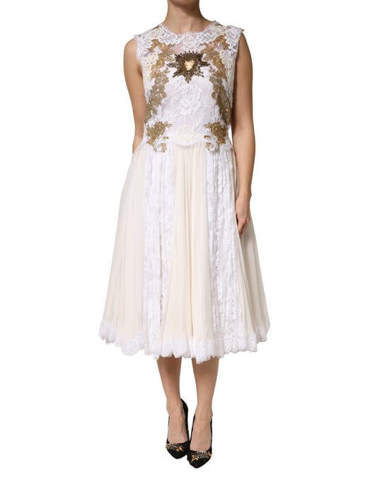 Dolce & Gabbana Heart Women's Cocktail Sleeveless Polyamide Polyester Cotton & Silk Midi Dress - Gold Ivory White Patterned Signature
