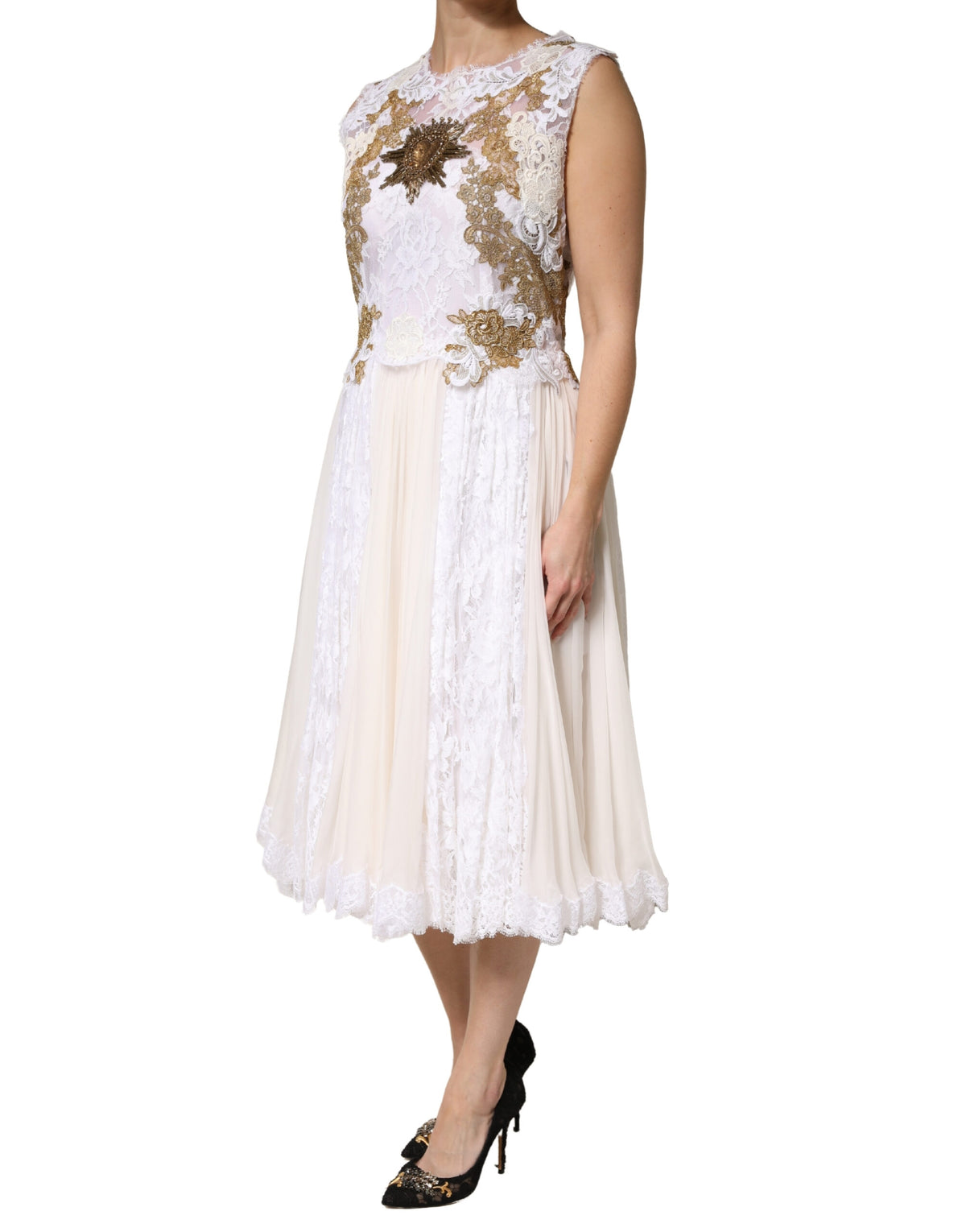 Dolce & Gabbana Heart Women's Cocktail Sleeveless Polyamide Polyester Cotton & Silk Midi Dress - Gold Ivory White Patterned Signature