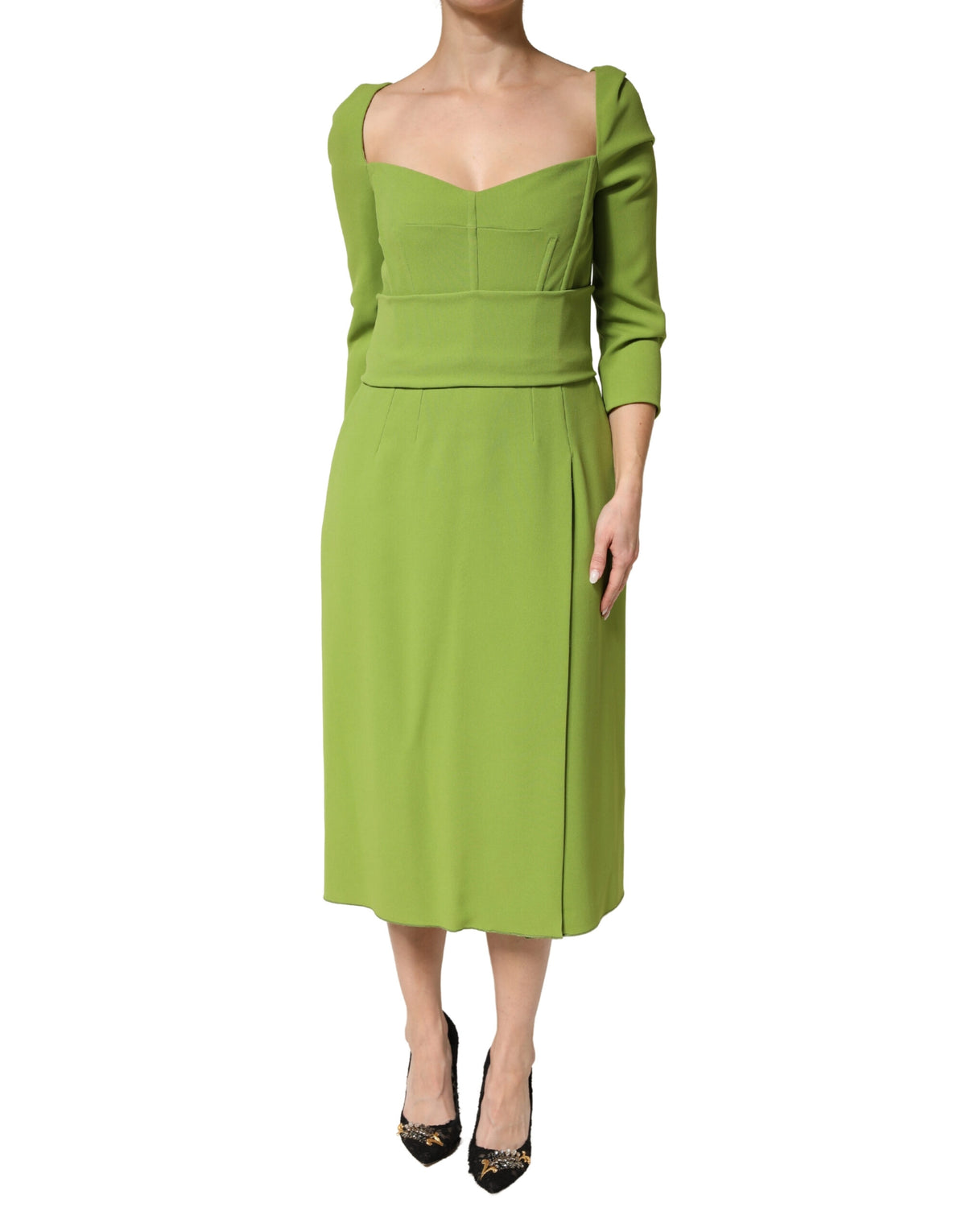 Dolce & Gabbana Women's Cocktail Three-Quarter-Sleeve Sweetheart Neck Silk Viscose & Acetate Midi Dress - Green