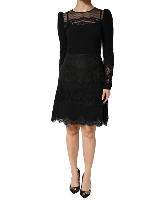 Dress by Dolce & Gabbana for women in polyester cotton lace polyamide & silk black & signature presents a sinuous silhouette, showcasing a sophisticated and long-sleeve detailed with a sinuous midi knee for a refined finish.
