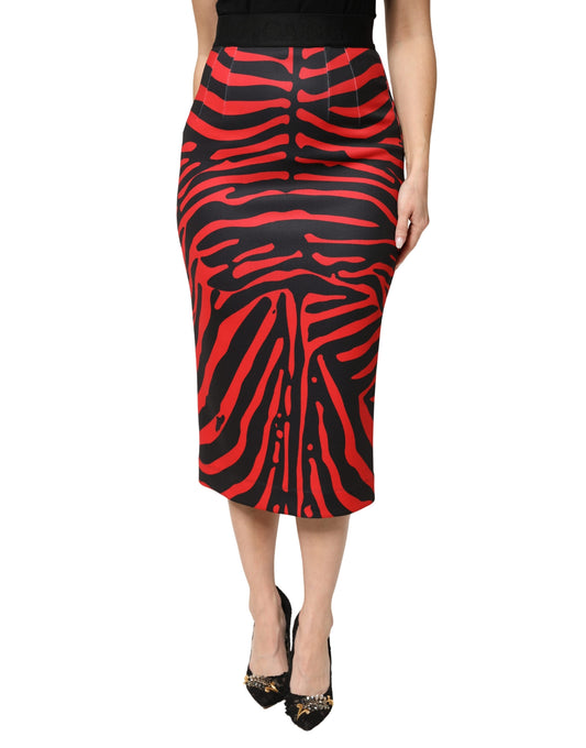 Dolce & Gabbana Women's Pencil Stretch Polyester Midi Skirt - Black Red Zebra Signature Print