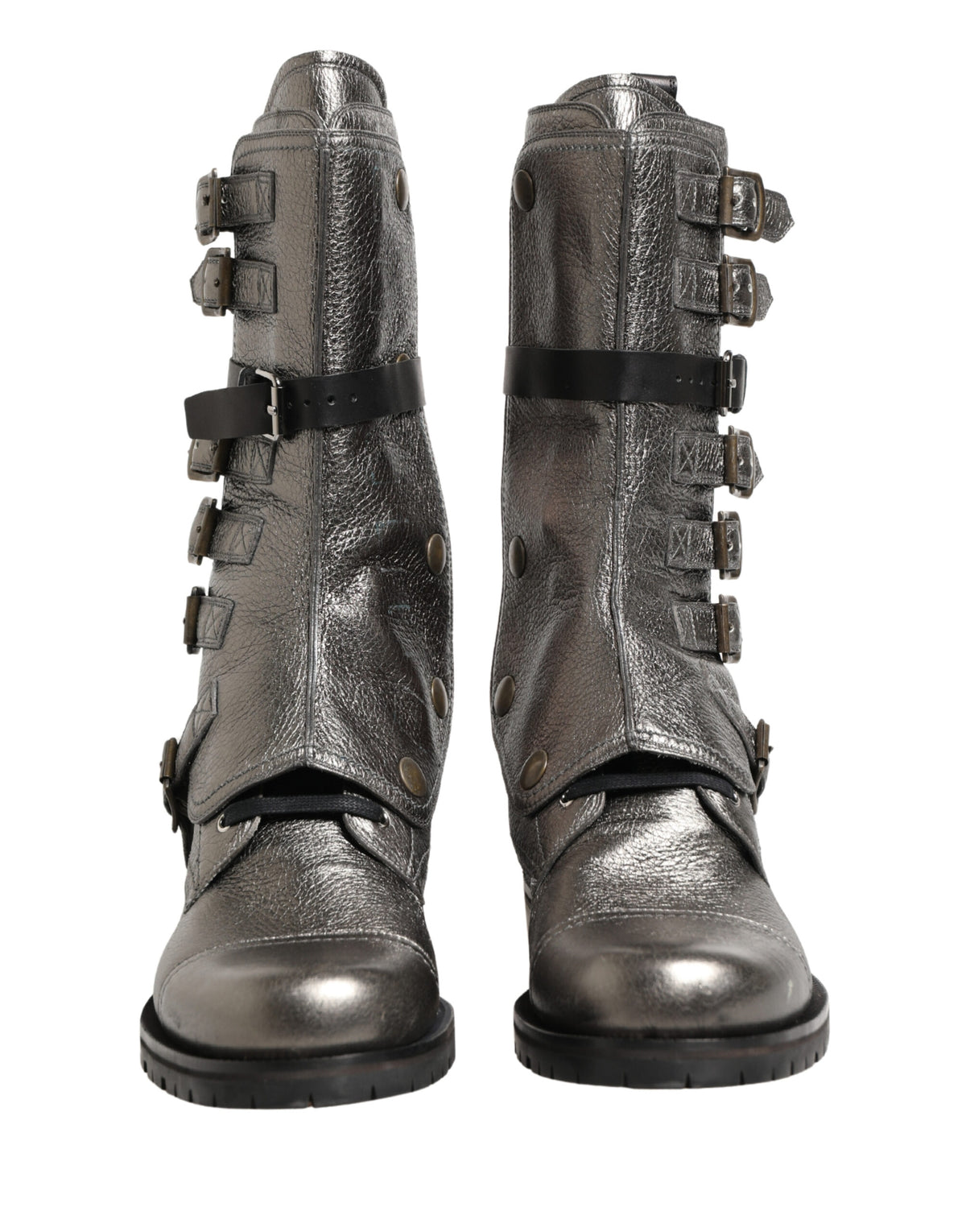Dolce & Gabbana Men's Calf Leather & Rubber Lace-Up Combat Over-The-Knee Mid-Calf Boots - Gunmetal Silver