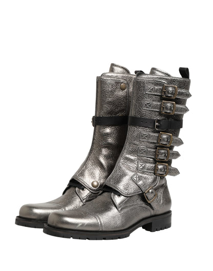 Dolce & Gabbana Men's Calf Leather & Rubber Lace-Up Combat Over-The-Knee Mid-Calf Boots - Gunmetal Silver