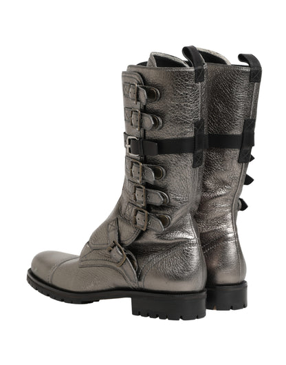 Dolce & Gabbana Men's Calf Leather & Rubber Lace-Up Combat Over-The-Knee Mid-Calf Boots - Gunmetal Silver