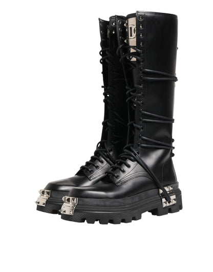 Dolce & Gabbana Men's Leather & Rubber Lace-Up Combat High Knee-High Over-The-Knee Boots - Black Signature