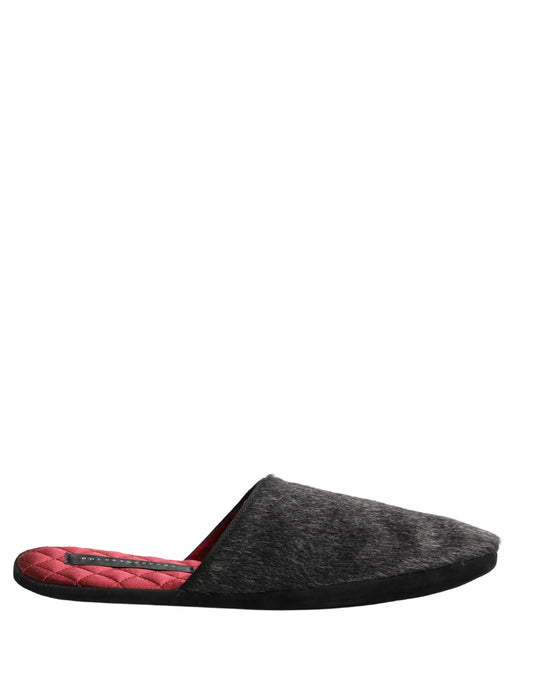 Dolce & Gabbana Men's Calf Leather Satin & Alpaca Wool Flat Slip-On Slider Shoes - Charcoal Dark Gray Red