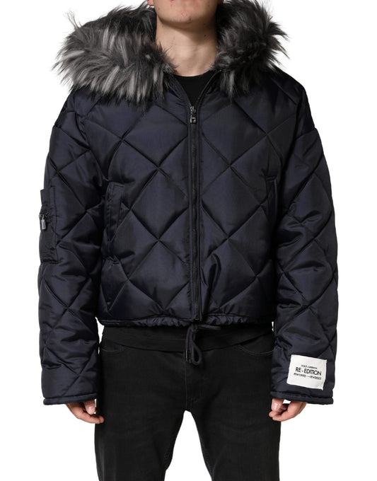 Dolce & Gabbana Men's Lightweight Quilted Modacrylic Polyester Nylon & Fur Hooded Parka - Black Monogram