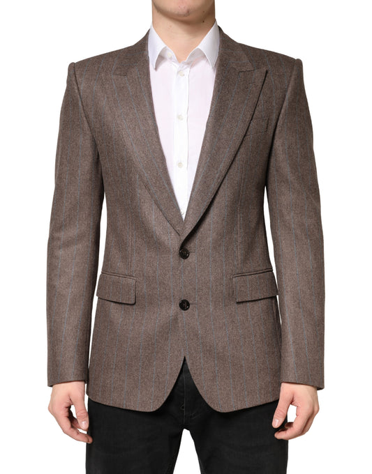 Blazer by Dolce & Gabbana for men in virgin wool & silk brown & striped showcases a discerning silhouette, elegantly detailed with a sophisticated single-breasted neckline and premium for a truly discerning finish.