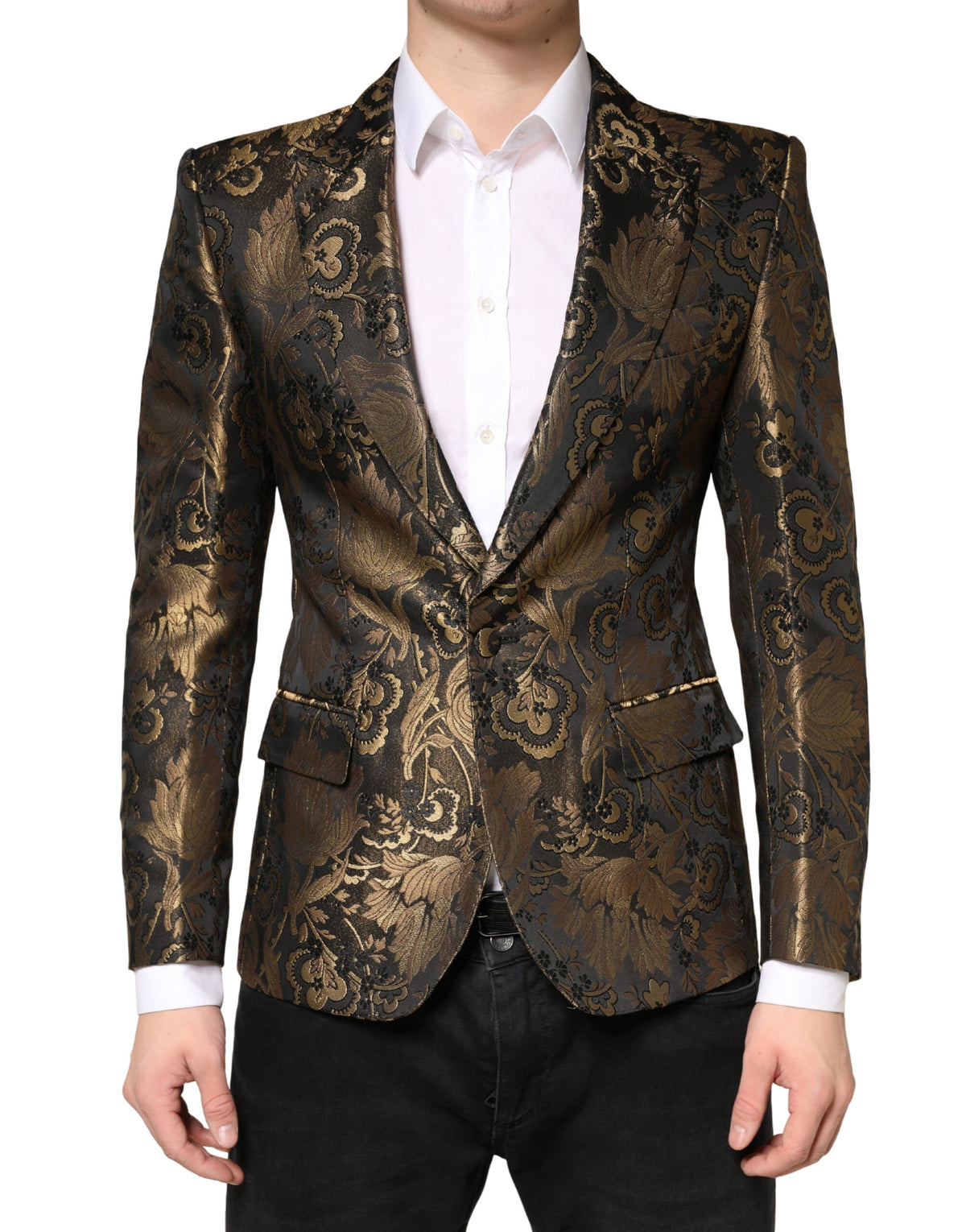 Dolce & Gabbana Men's Single Breasted Polyester Film Fiber Viscose & Acetate Blazer - Gold Jacquard