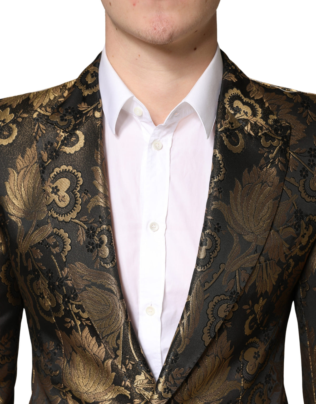 Dolce & Gabbana Men's Single Breasted Polyester Film Fiber Viscose & Acetate Blazer - Gold Jacquard