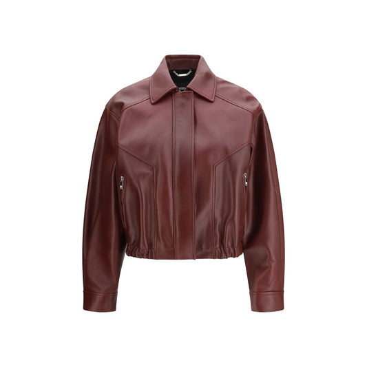 Jacket by Versace for women in bos taurus calf leather bordeaux showcases a contemporary silhouette, detailed with a contemporary and premium pockets for a sophisticated finish.