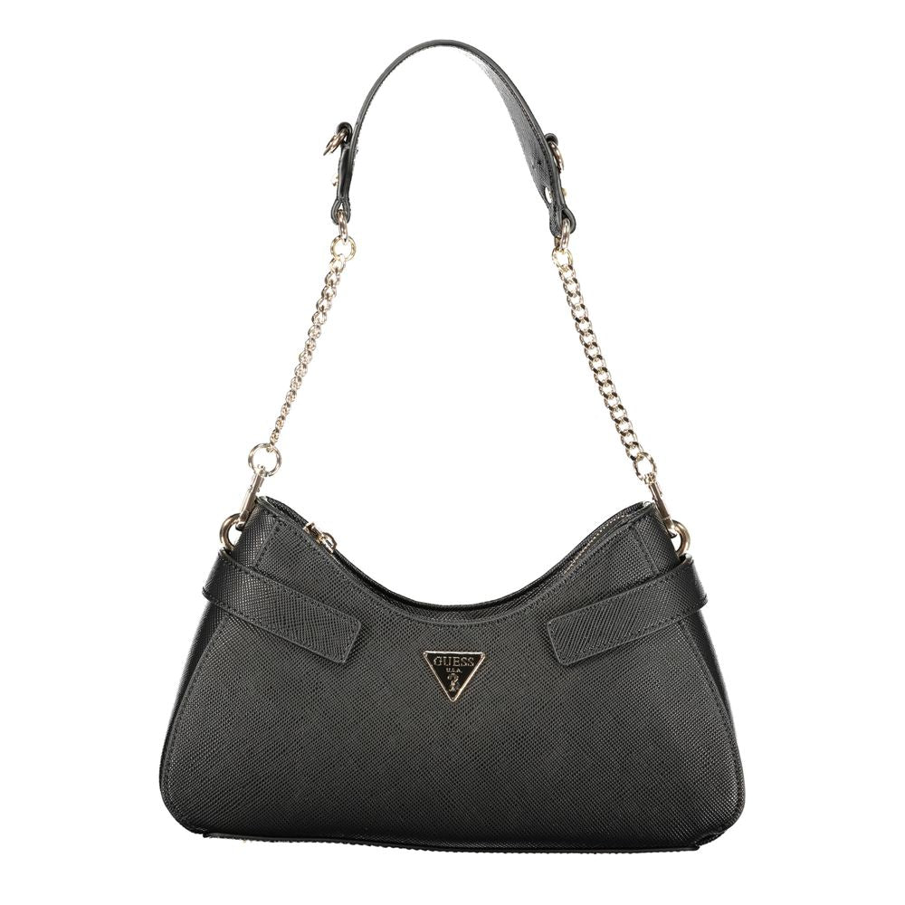 This Handbag by Guess Jeans for women in polyurethane and black presents a sculptural silhouette featuring a secure zipper, ample external-pockets, internal-pockets & cardholder, and versatile handle for a sculptural finish.