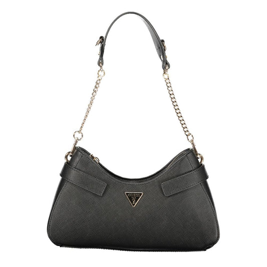 This Handbag by Guess Jeans for women in polyurethane and black presents a sculptural silhouette featuring a secure zipper, ample external-pockets, internal-pockets & cardholder, and versatile handle for a sculptural finish.