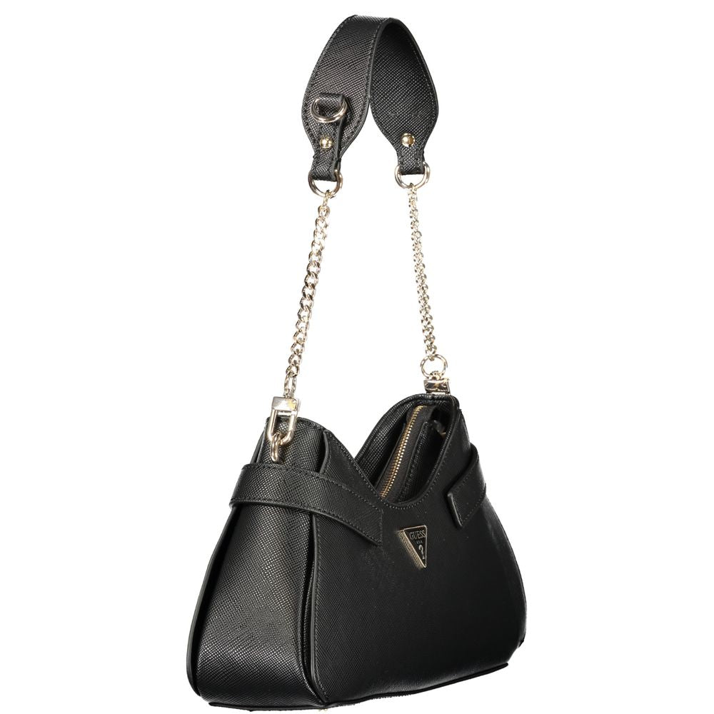 This Handbag by Guess Jeans for women in polyurethane and black presents a sculptural silhouette featuring a secure zipper, ample external-pockets, internal-pockets & cardholder, and versatile handle for a sculptural finish.