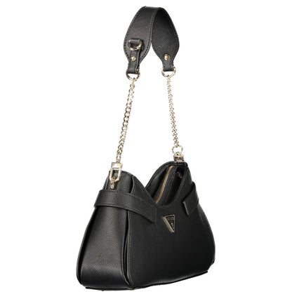 This Handbag by Guess Jeans for women in polyurethane and black presents a sculptural silhouette featuring a secure zipper, ample external-pockets, internal-pockets & cardholder, and versatile handle for a sculptural finish.