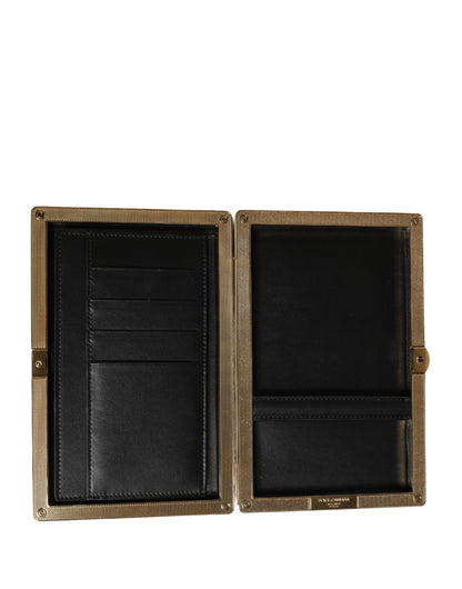 Evening Clutch Handbag by Dolce & Gabbana for women in calfskin leather black, brown & gold features an sculptural silhouette, showcasing a secure and sculptural with versatile for a sophisticated look.
