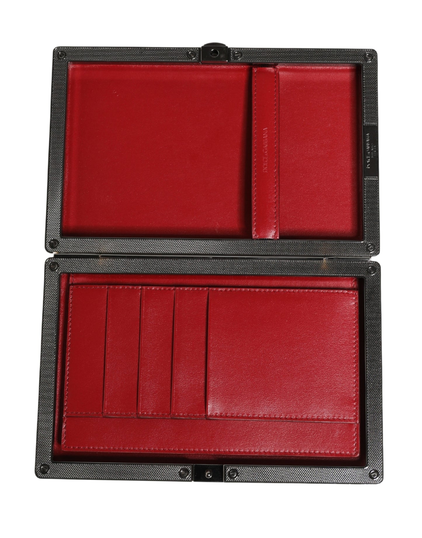 Evening Clutch Handbag by Dolce & Gabbana for women in calf leather & aluminium beige, black & red features a sculptural silhouette with a secure , ample , and versatile for a sculptural finish.