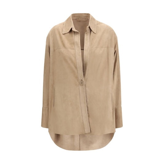 Shirt by Salvatore Santoro for women in suede leather beige features an polished silhouette, showcasing a sophisticated and long-sleeve detail for a truly polished finish.