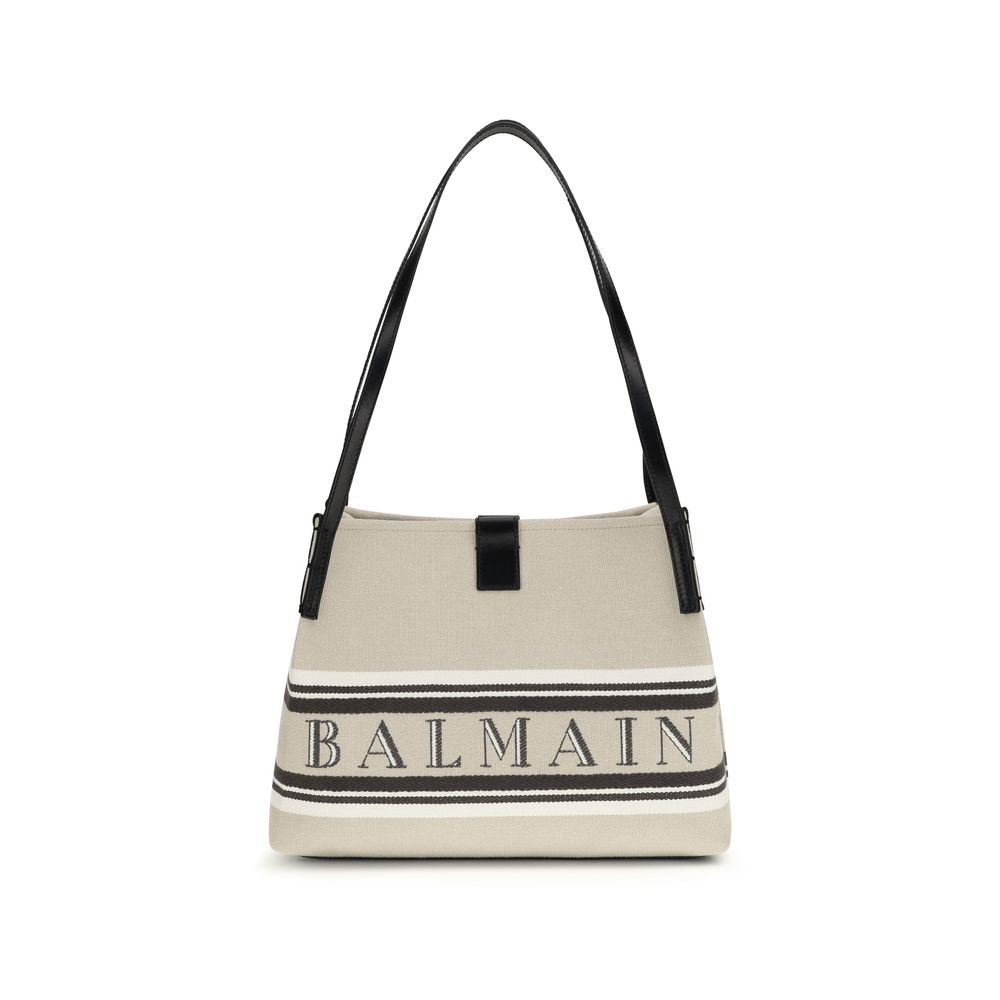 Shoulder Bag by Balmain for women in cotton polyester canvas beige, jacquard & signature showcases a enviable silhouette, artfully detailed with a secure magnetic, organized , and versatile shoulder-strap & handle for a enviable look.
