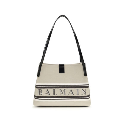 Shoulder Bag by Balmain for women in cotton polyester canvas beige, jacquard & signature showcases a enviable silhouette, artfully detailed with a secure magnetic, organized , and versatile shoulder-strap & handle for a enviable look.