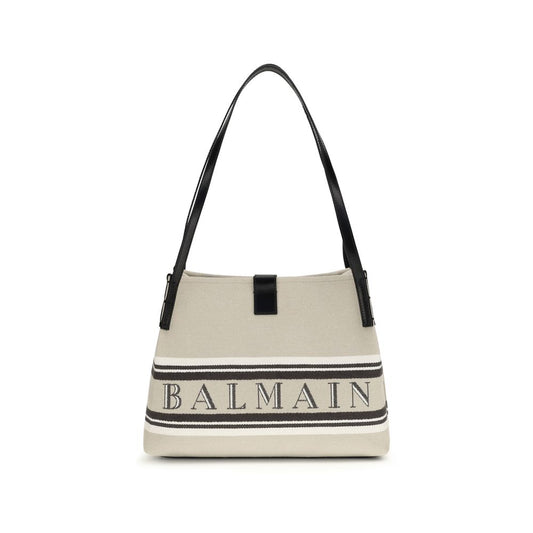 Shoulder Bag by Balmain for women in cotton polyester canvas beige, jacquard & signature showcases a enviable silhouette, artfully detailed with a secure magnetic, organized , and versatile shoulder-strap & handle for a enviable look.