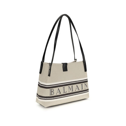 Shoulder Bag by Balmain for women in cotton polyester canvas beige, jacquard & signature presents a versatile silhouette, showcasing a secure magnetic and versatile with versatile shoulder-strap & handle for a sophisticated look.