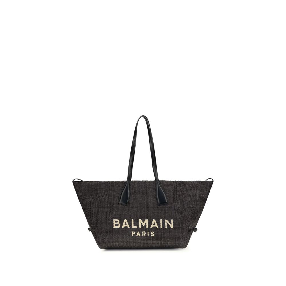 Shoulder Bag by Balmain for women in raffia & embossed bos taurus calf leather black showcases a enviable silhouette, artfully detailed with a secure magnetic & button, organized cardholder, and versatile shoulder-strap & handle for a enviable look.