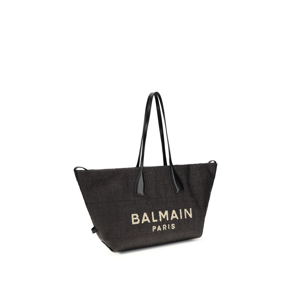 Shoulder Bag by Balmain for women in raffia & embossed bos taurus calf leather black features a distinguished silhouette, showcasing a secure magnetic & button and distinguished cardholder with versatile shoulder-strap & handle for a distinguished finish.