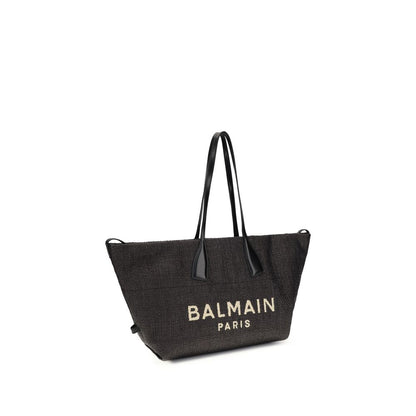 Shoulder Bag by Balmain for women in raffia & embossed bos taurus calf leather black features a distinguished silhouette, showcasing a secure magnetic & button and distinguished cardholder with versatile shoulder-strap & handle for a distinguished finish.