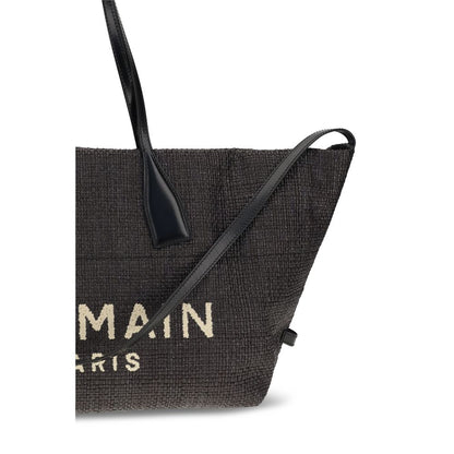 Shoulder Bag by Balmain for women in raffia & embossed bos taurus calf leather black features an effortlessly chic silhouette with a secure magnetic & button, ample cardholder, and versatile shoulder-strap & handle for effortlessly chic everyday luxury.
