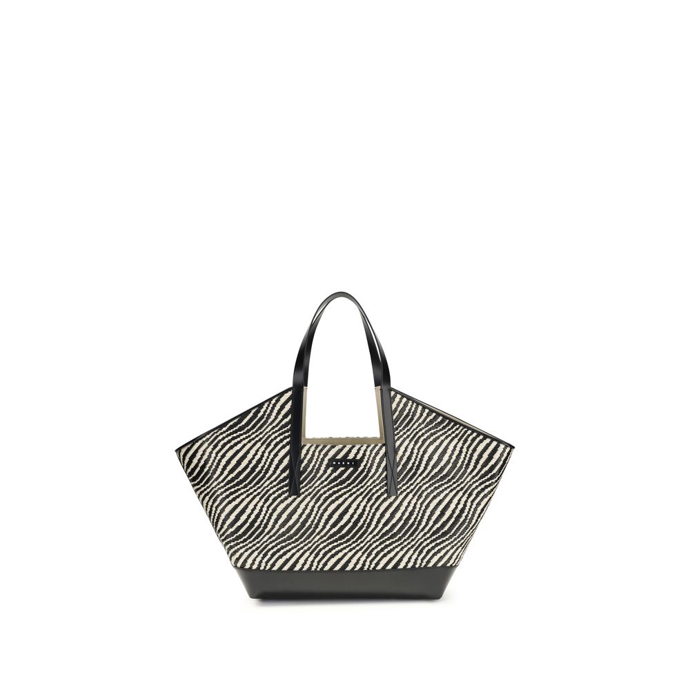 Tote Shoulder Bag by Marni for women in raffia polyamide polyester leather & cotton black, patterned & signature features a effortless chic silhouette with a secure , ample , and versatile handle for a effortless chic finish.
